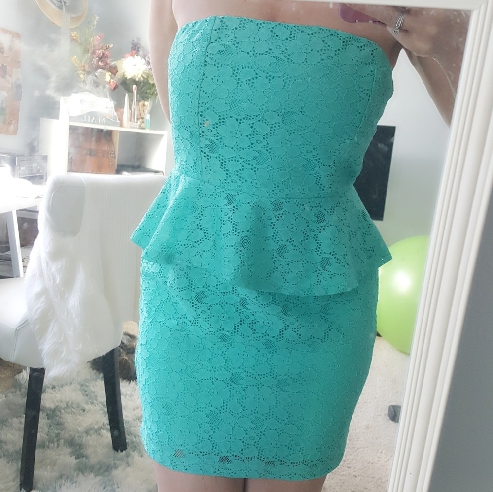 Sea foam green lace strapless dress